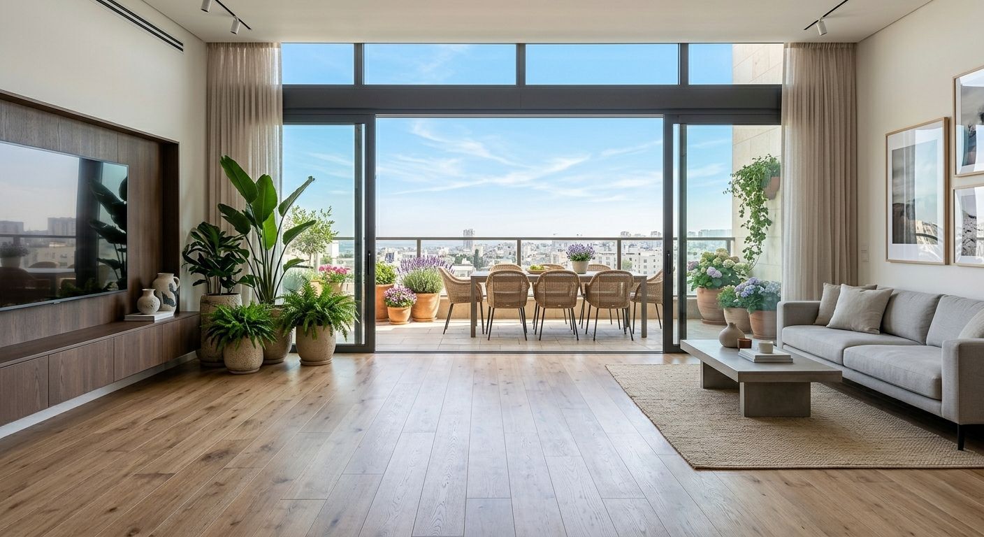 פרקט למינציה בגוון אלון בלוחות רחבים וארוכים בסלון מרוהט בעיצוב מודרני.